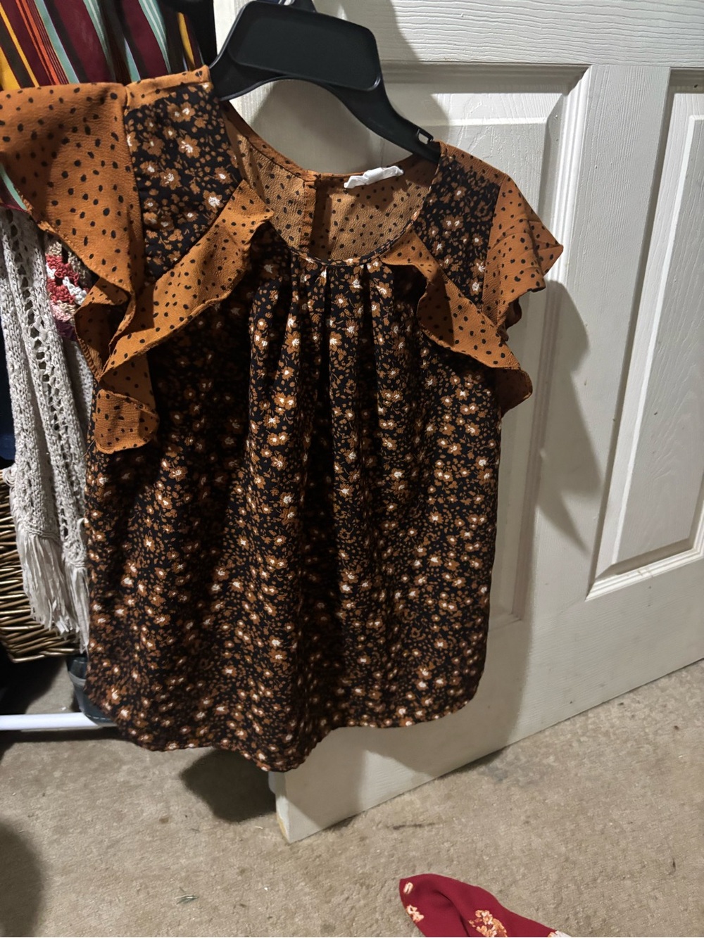 mine Brown Floral & Polka Dot Ruffle Sleeve Top